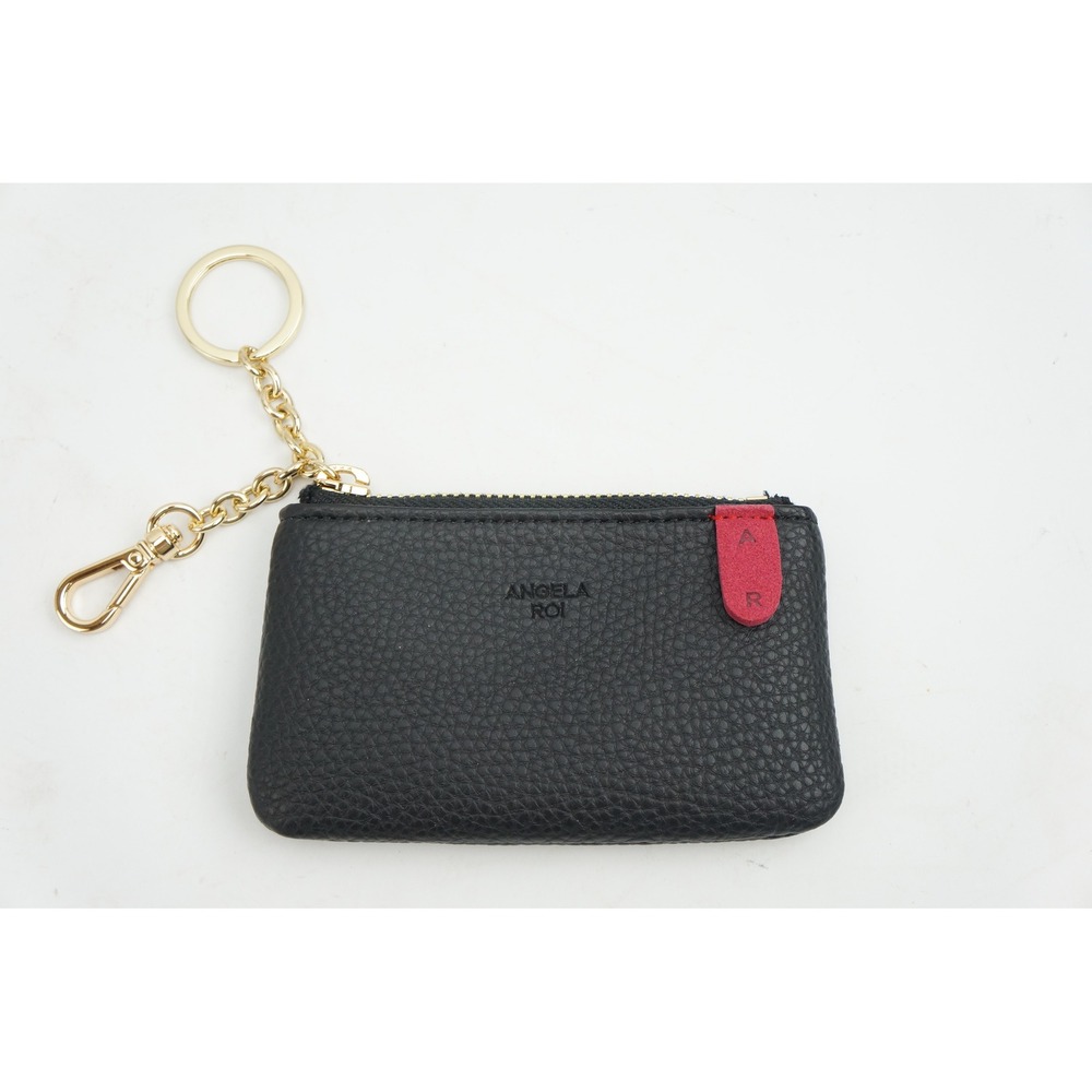 Angela Roi Coin Pouch Black Pebbled Vegan Leather Gold Keychain Excellent